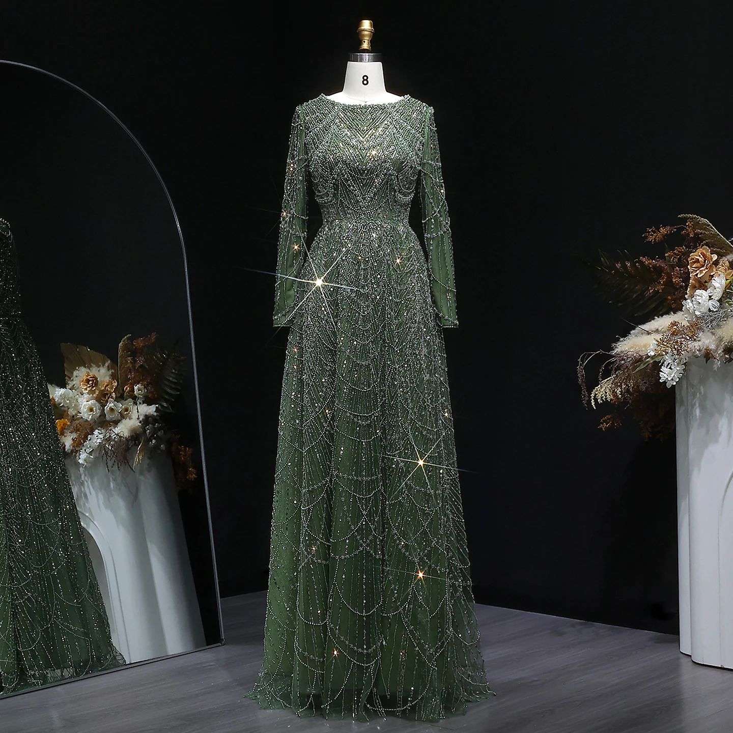 Sharon Said Luxuriöses Dubai-Abendkleid mit grünen Perlen und langen Ärmeln, Saudi-Arabisches Damen-Hochzeitskleid, formelle Partykleider SS625, maßgeschneidert – Detail 8