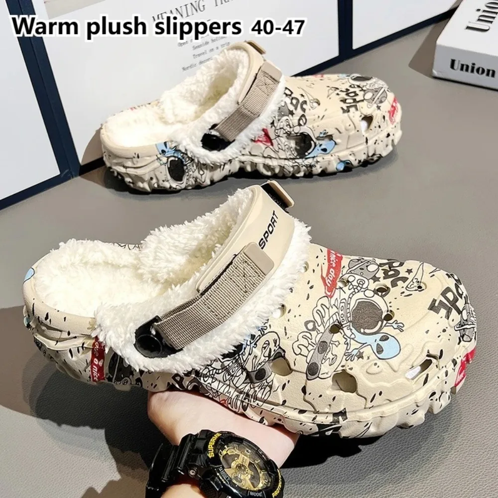 

Winter Men Slippers Furry Clogs Platform Garden Shoes Men Warm House Home Cotton Shoes Anti-slip Plush Slippers Cotton Removable