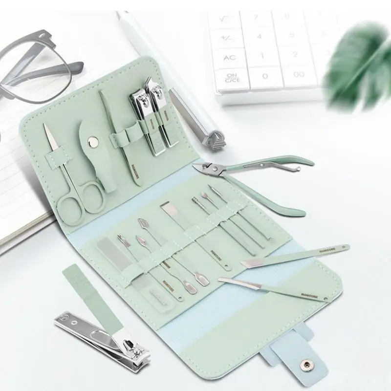 Kit de manicura y pedicura, cortador de uñas de acero inoxidable, juego de herramientas de aseo, 16 piezas, herramientas de precisión con tijeras y Funda de cuero
