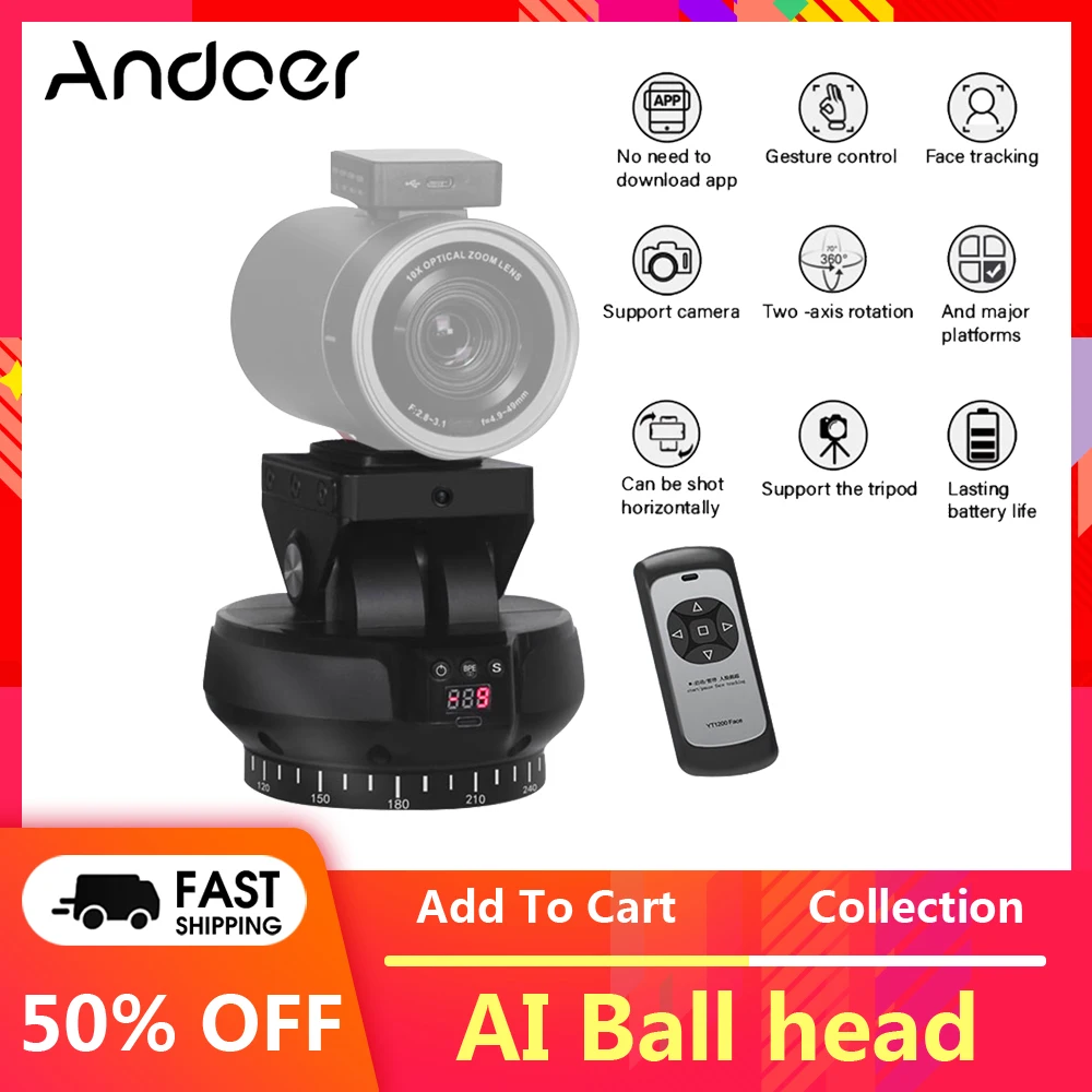 Andoer AI Face Tracking Pan Tilt Head Face Motorized Ball Head Panoramic Head 360° Rotation Remote Control for Smartphone Camera