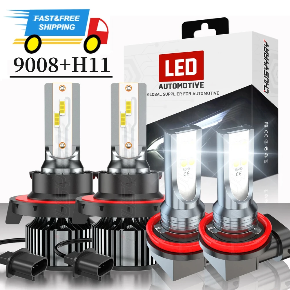 

4x Canbus 9005 H11 LED Headlight Hi-Low Beam Fog Light Bulb Kit 9-32V 6000K 100000LM 800% Super Bright 1:1 Same Size Plug & Play