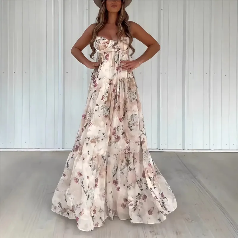 

New Floral Print High Waist Sundress Woman Maxi Sexy Strapless Backless Hollow Party Dress New Summer Vacation Beach Long Dress