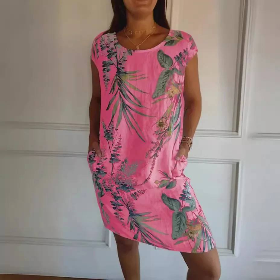 

2025 Summer Women's Dress O-neck Cotton Linen Short Sleeve Pocket Plant Print Simple Casual Street Vacation Beach Mini Skirt