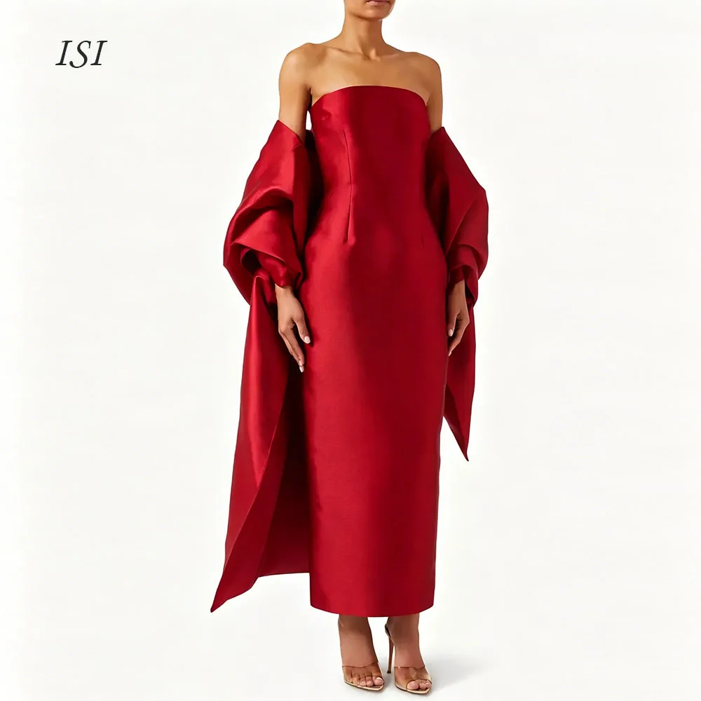 ISI Customized Red Formal Evening Gown with Shawl Strapless Ankle-Length Wedding Party Formal Occasion Guest Gown Dinner Dresses