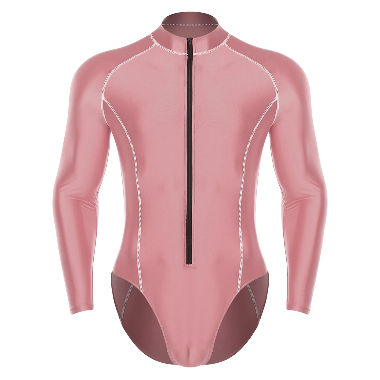 Herren-Badeanzug mit Glanzoptik, Rash Guard Schwimmanzug mit Langen Ärmeln, Frontreißverschluss, Hochgeschnittener Leotard-Jumpsuit für Surfen und Schwimmen – Detail 19