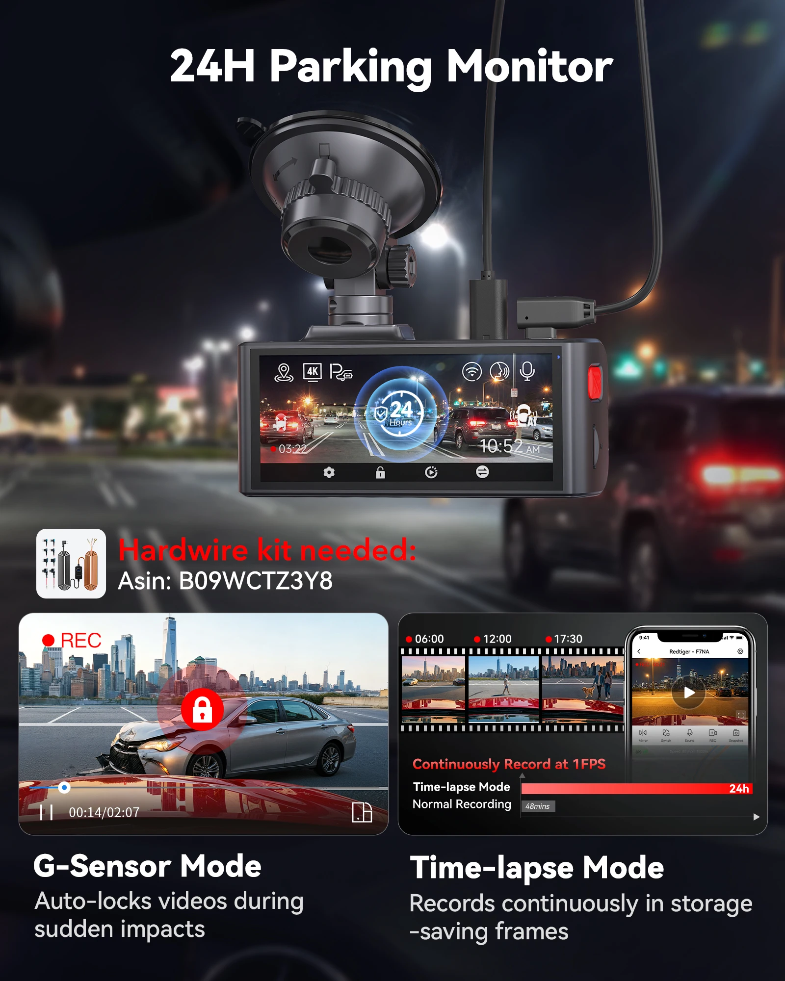 Cámara para Auto REDTIGER F7NA 4K+1080P con WiFi 5.8G y GPS Integrados, Tres Modos de Control, Monitorización de Estacionamiento 24 Horas
