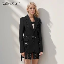 TWOTWINSTYLE Casual Patchwork Belts Loose Blazers For Women Notched Collar Long Sleeve Spliced Button Solid Blazer Female New