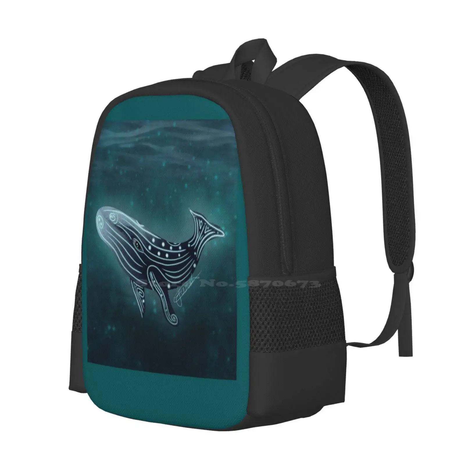 Mochila escolar para viagens e laptop, bioluminescência, baleia marinha brilho, mar oceano azul