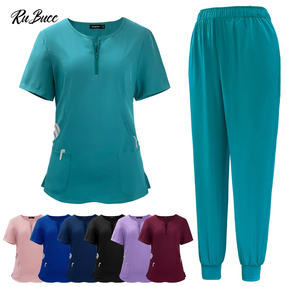 

2pcs Nurse Uniforms Women Men Short Sleeved V Neck Tops + Jogging Pants Scrubs Suits Solid Color Hospital Doctor Working Uniform