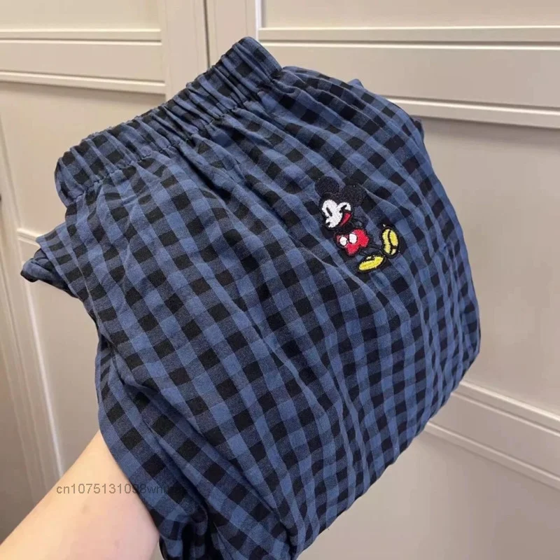 Disney Tiktok Mickey Plaid Casual Pants for Women Y2k Embroided Cartoon Summer Thin New High Waist Loose Home Trousers