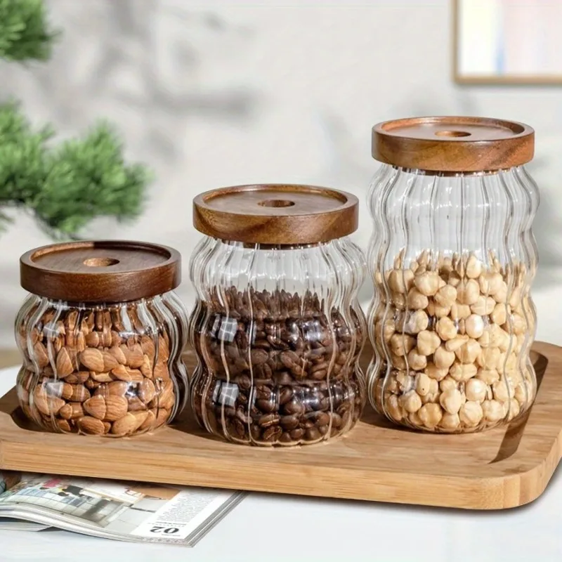 3Pcs Hammer Pattern Glass Storage Jars Set Acacia Wood Lid Sealed Canister for Coffee Beans Grain Food Stripe Storage Bottles