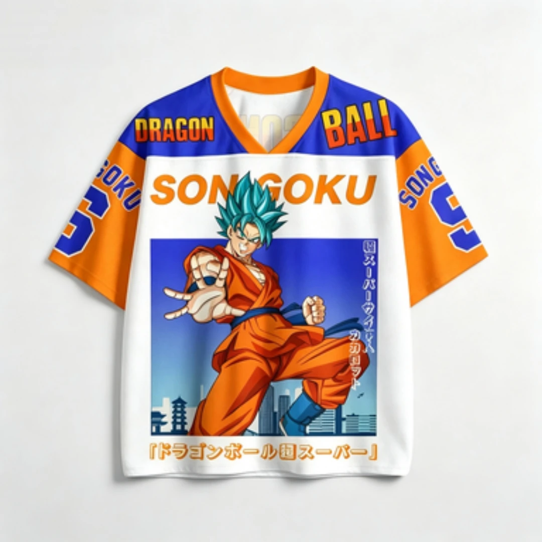 Dragon Ball Wukong Super Saiyan Printed Mesh Jersey Breathable V-neck Blue Digital Pattern Sports and Leisure Loose Shirt