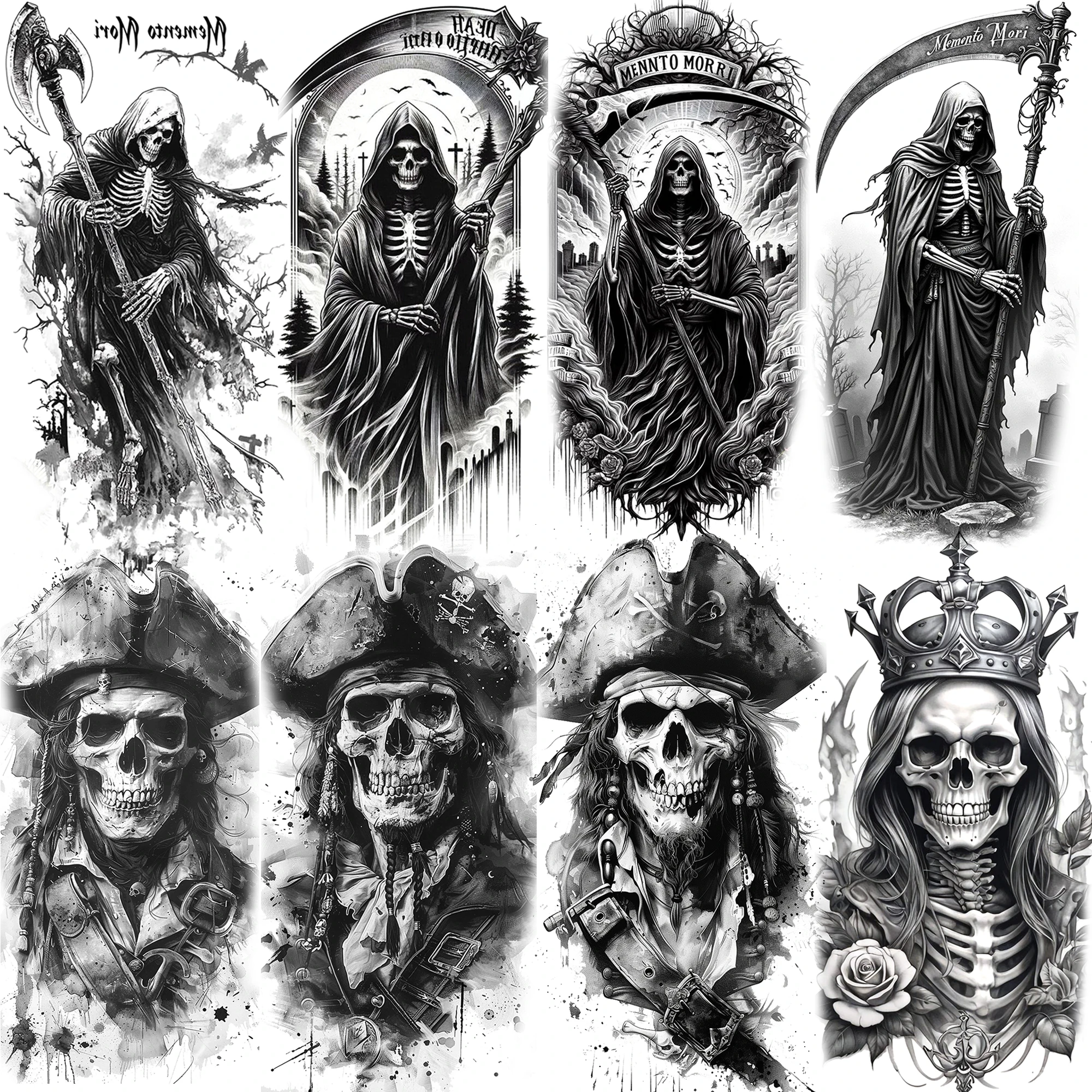 

1 Sheet Scary Grim Reaper Skull Skeleton Temporary Tattoos For Men Women Halloween Long Lasting Waterproof Fake Tattoo Sticker