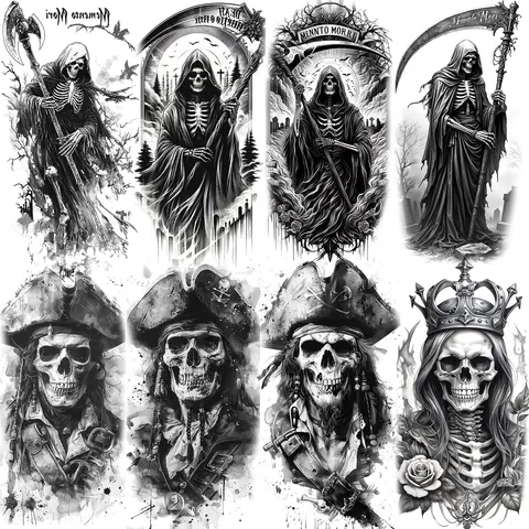 1 Sheet Scary Grim Reaper Skull Skeleton Temporary Tattoos For Men Women Halloween Long Lasting Waterproof Fake Tattoo Sticker