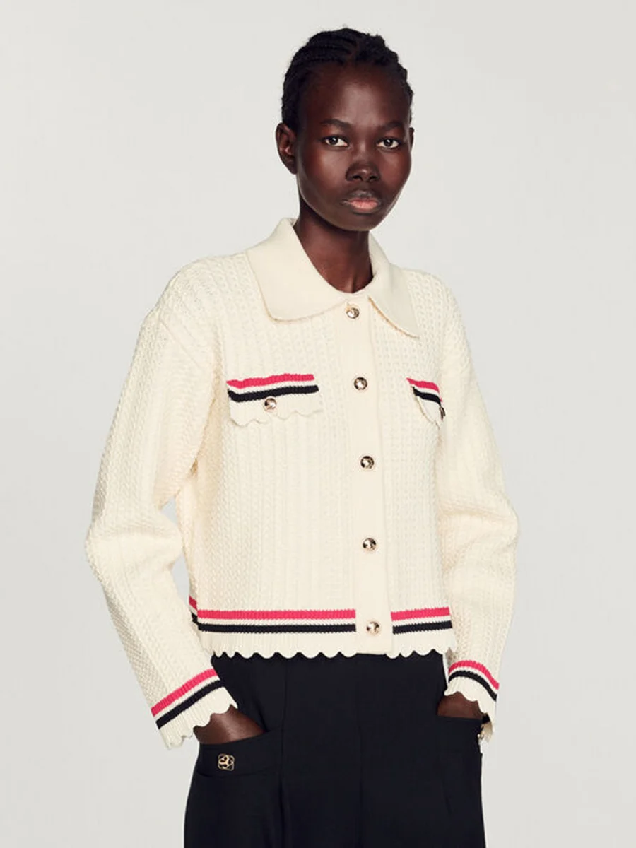 Spring 2023 Women's Knitted Open Cardigan Striped Ruffle Hem Color Blo Design  Collar Long Sve Regular Fit CA00789