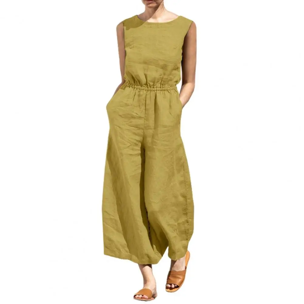 New Cotton And Linen Jumpsuit Women Solid Sleeveless Pocket High Waist Wide Legs Jumpsuits Casual Commuting Ladies Bodysuits