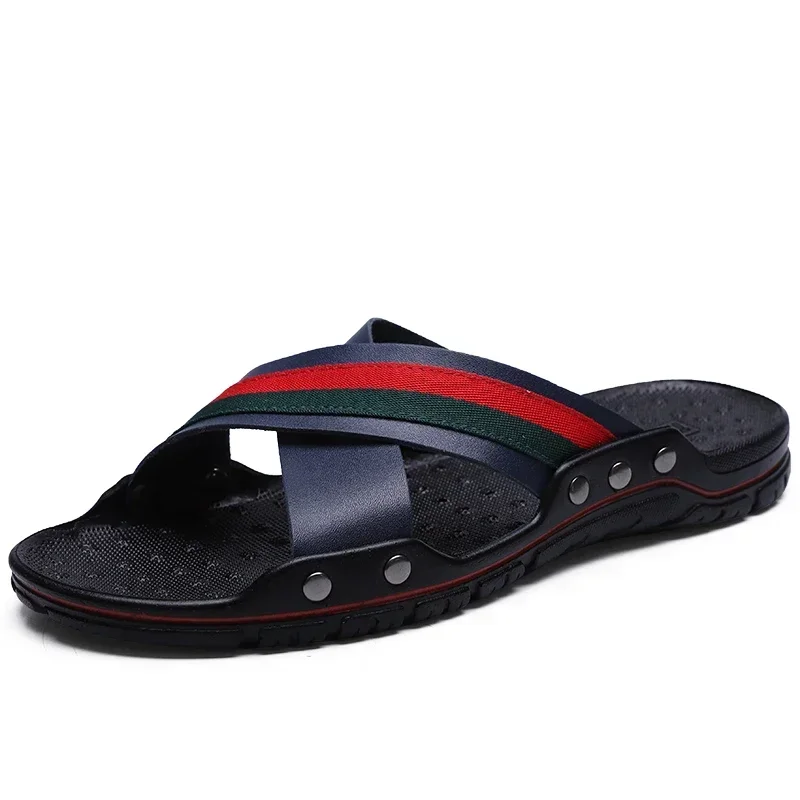 2024 Summer Men Slippers Fashion Leather Cross Strap Beach Water Shoes Man High Quality Slippers Big Size 48