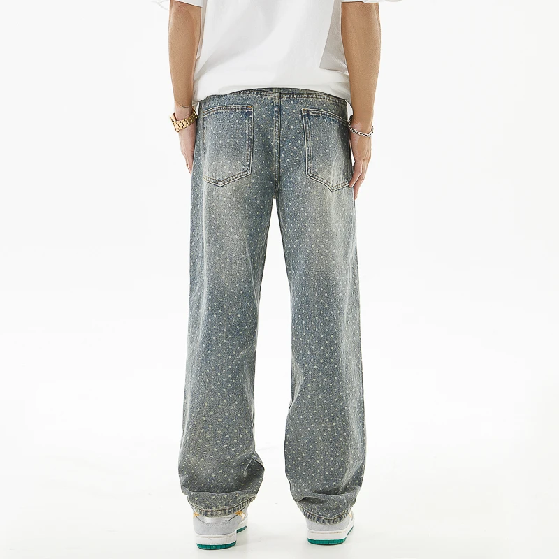 Printed jeans men's hip hop trend fashion street Korean retro distressed Y2K casual loose straight-leg wide-leg pants