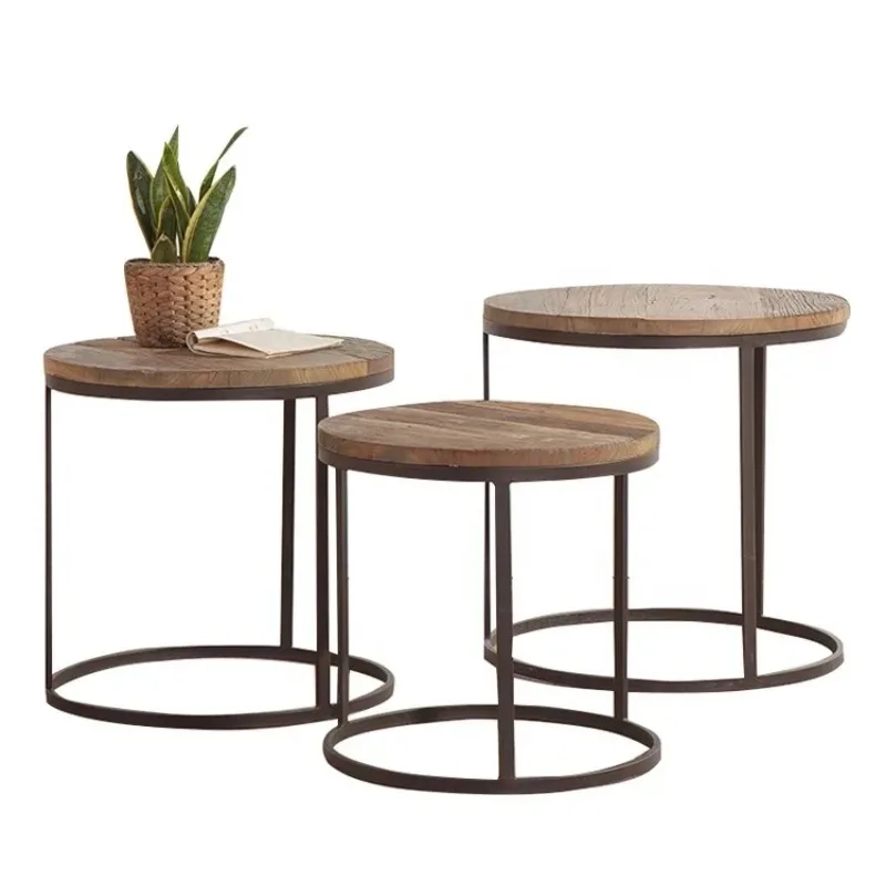 

Metal Frame Industrial Sofa Corner Table Wood Round Side Coffee Industrial Vintage Table for Living Room 테이블 거실테이블