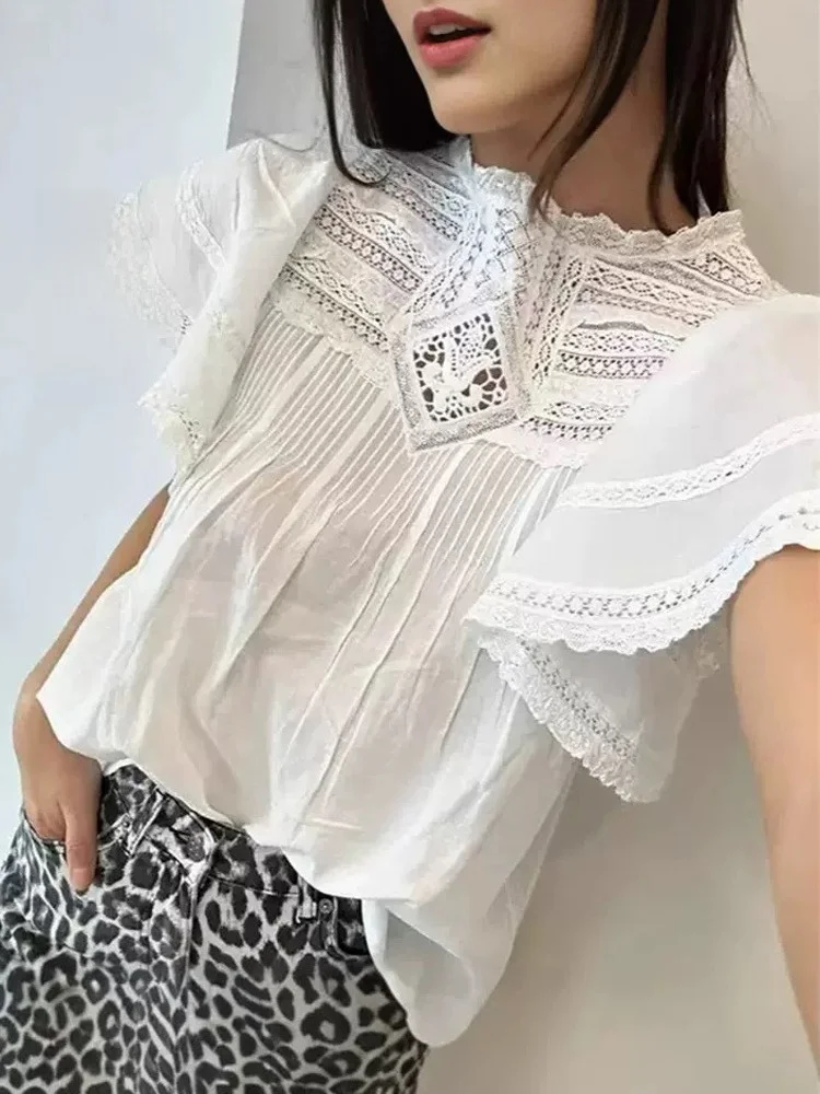 

Ele round Ne Lace Hollow irt Весна Лето Vaion Sle Cotton ort Sve Женский Busin Повседневный свободный крой irt