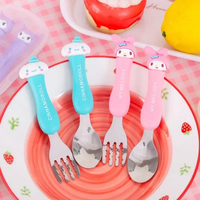 Kawaii Kuromi Hello Kitty MyMelody Set di stoviglie per bambini Anime sanios studenti forchetta portatile cucchiaio bacchette con scatola di immagazzinaggio