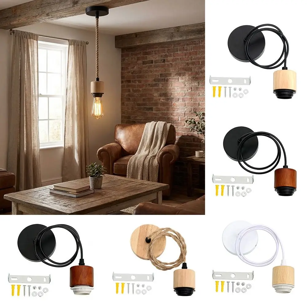 Vintage Solid Wood E27 Lamp Holder Adjustable Wire DIY Accessories Pendant Lamp Screw Hanging Lampshade Base