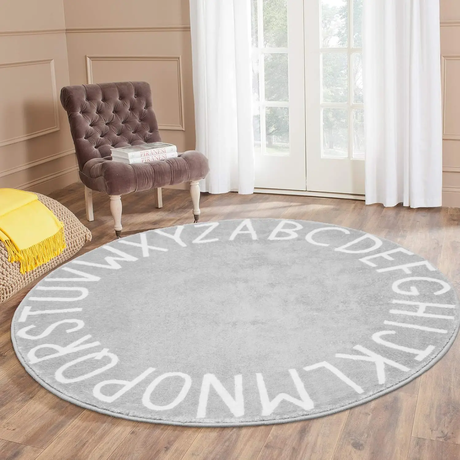 Educational Round Alphabet Rug Play Mat for Nursery Decor Classroom Kids Learning Carpet Baby Gift polyester Plush Durable Home