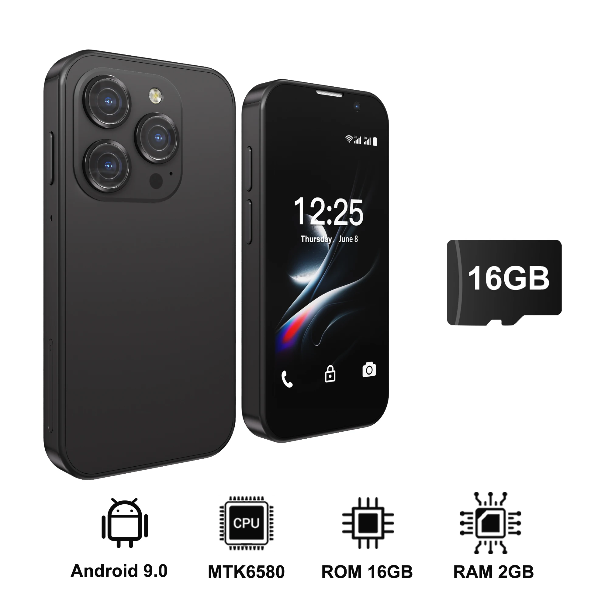 SERVO 3G Super Mini Smartphone Android 9.0 OS 2GB+16GB Gezichtsontgrendeling Play Store WiFi Hotspot 2 SIM Standby 3.0" Kleine Smartphones