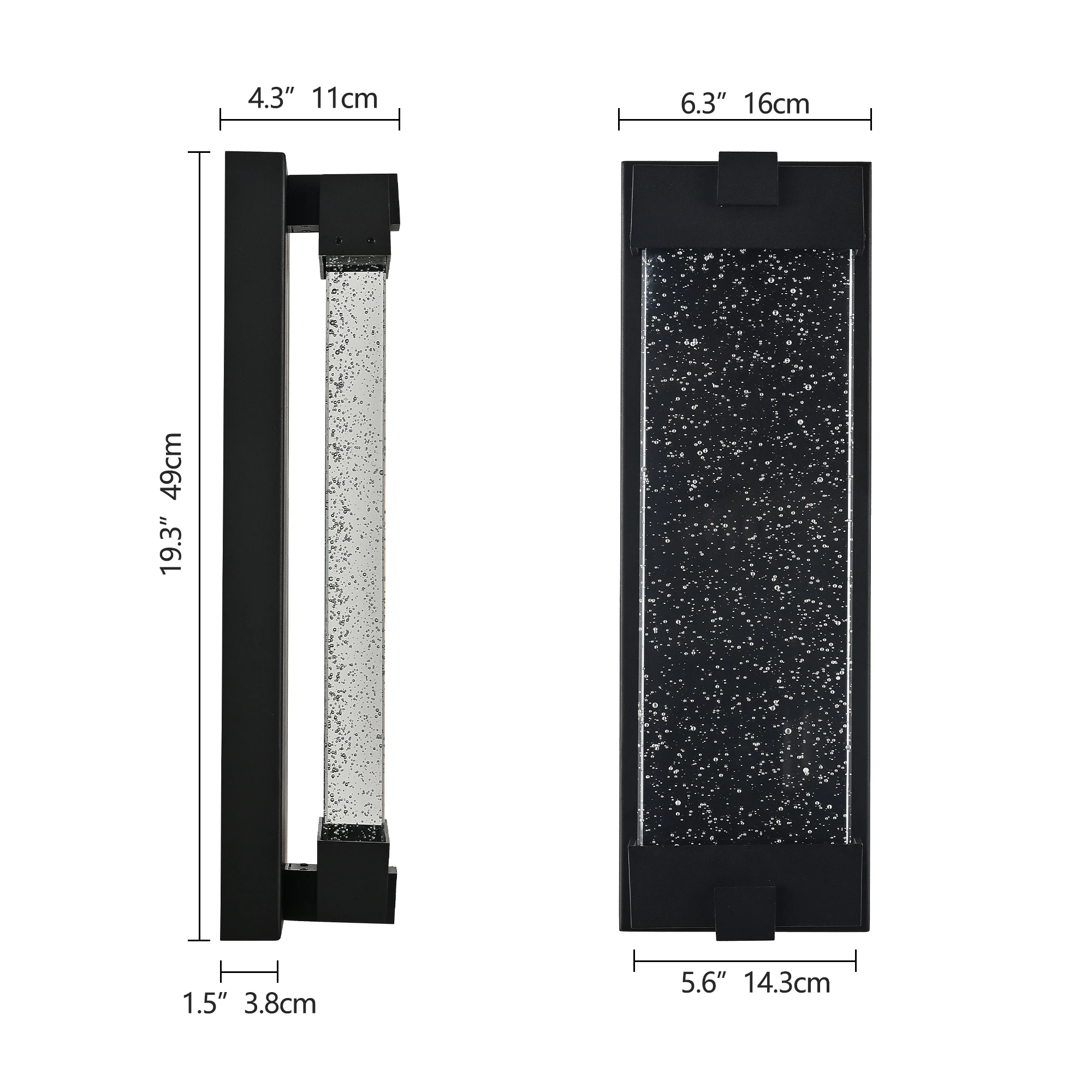 Luz de parede externa com acabamento em alumínio preto com vidro de cristal bolha, fonte de luz LED, luz quente 3000K, à prova de intempéries