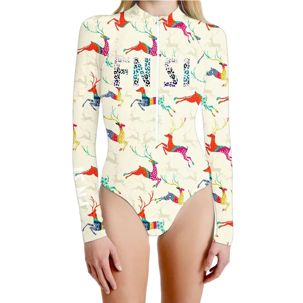 

Fn Si Print One Piece Swimsuit Long Sleeve Swimwear Women Bathing Suit Sexy Surf Monokini Beach Surfing Swim Suit