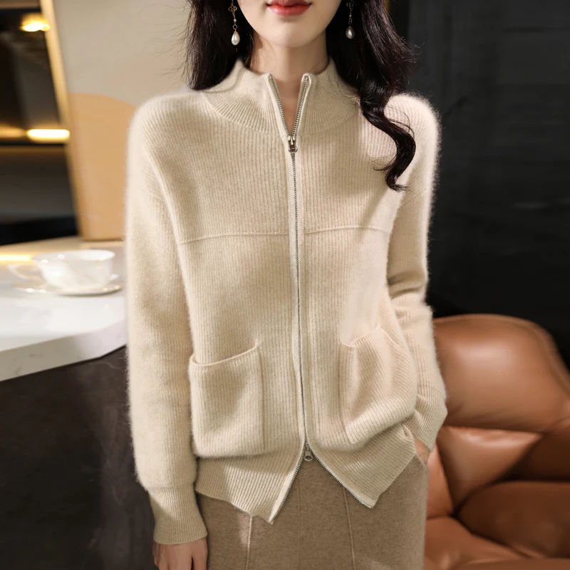 Wool cardigan women 100 pure wool autumn and winter new zipper stand collar sweater knitted loose coat