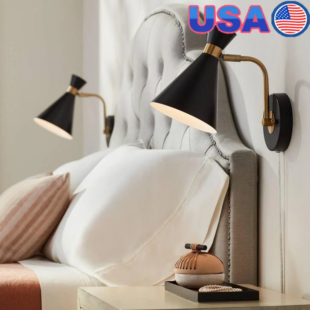 Set of 2 Plug-in Wall Lamps Modern Matte Black Antique Brass Metal Fixture Cone Shade Bedroom Bedside Lighting 40W Max Bulb