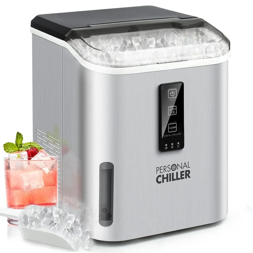 PERSONAL CHILLER Soft Nugget Countertop Ice Maker,1Cubes Ready in 8 Mins,50lbs in 24Hrs,fr Kitchen,Office Stainless Steel Silver