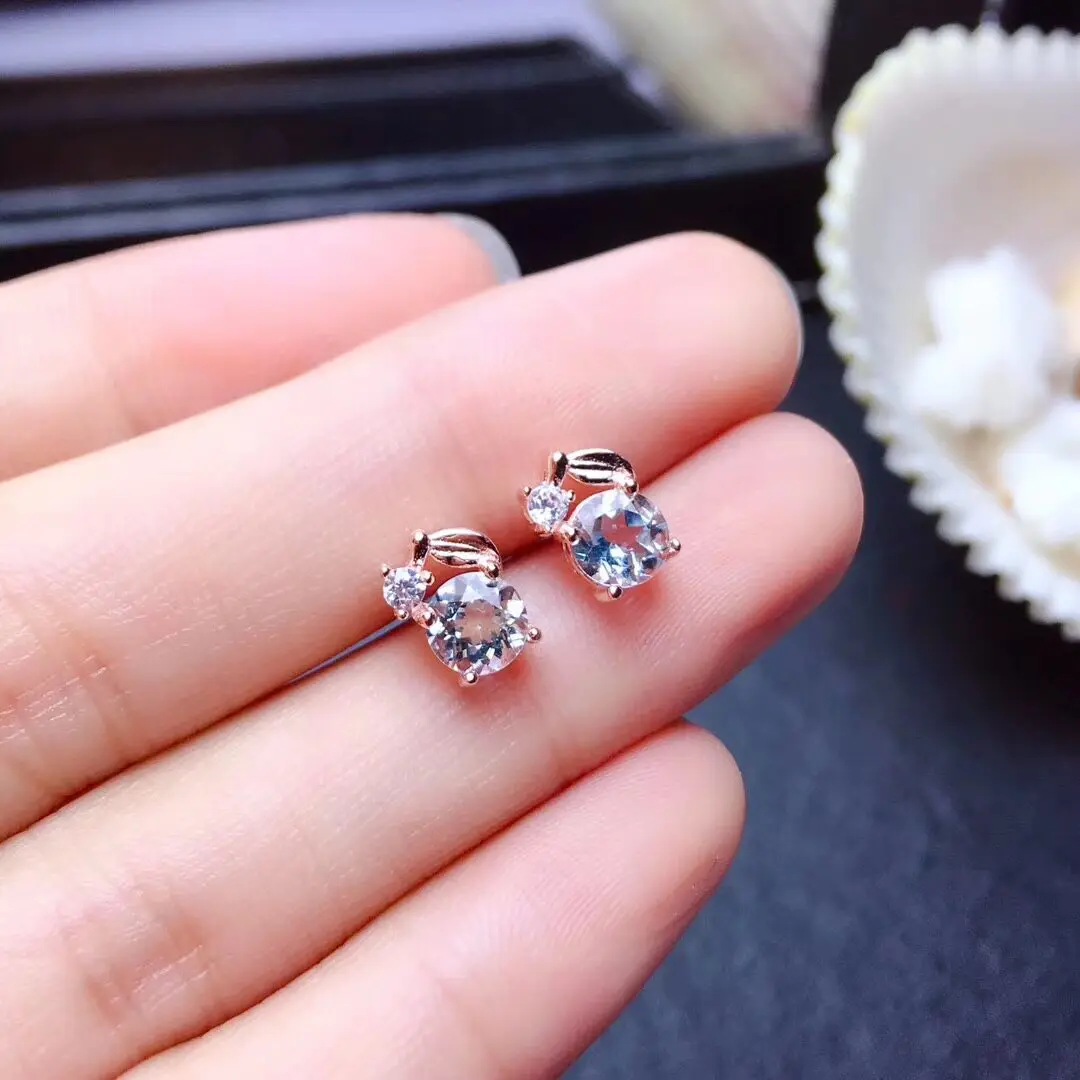 S925 Silver Natural Aquamarine Earrings  for 925 Silver 5mm Aquamarine earrings Jewelry Rose gold plating Women Gift