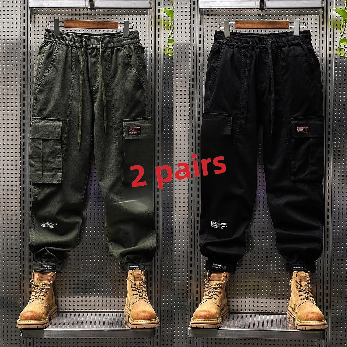 

Loose Men's Workwear Trousers Spring Autumn Magic Tape Cuffed Multi ket Wear Resistant Casual Pants Youth Sle