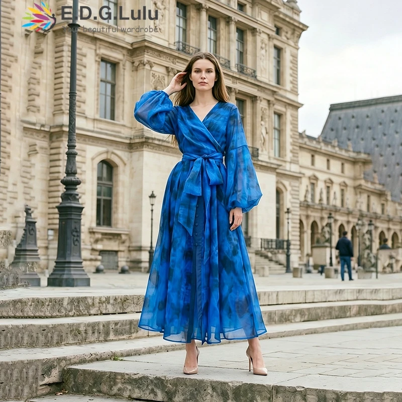 EDGLuLu Beach Vacation Bohemian Style Retro Floral Loose Long Dresses Lantern Sleeve Waist Lace-Up Tie Dye Printed Dress 0522