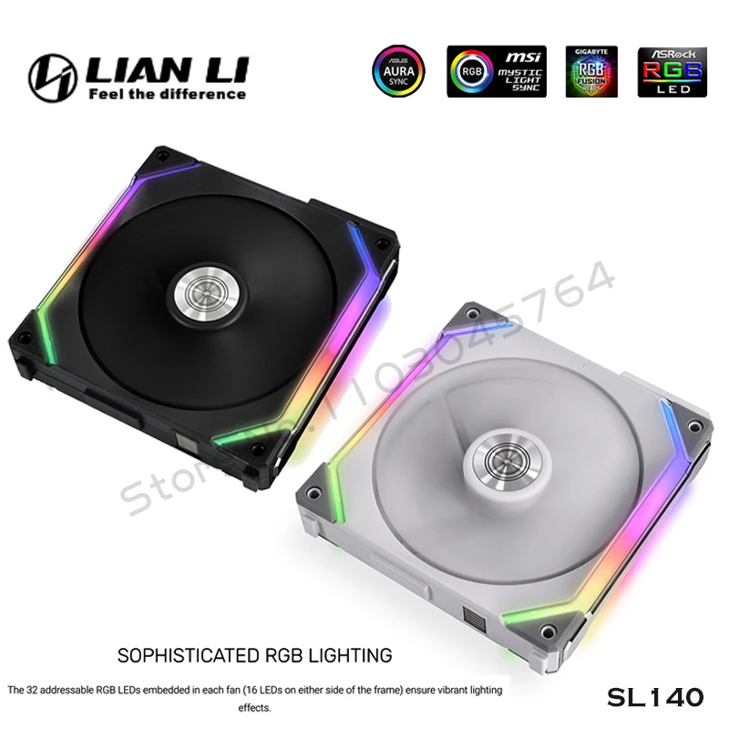 LIAN LI UNI Fan SL140 V1 مروحة مشعاع تبريد المياه للكمبيوتر المعياري 140 مم، تحكم PWM بدون كابل 5 فولت ARGB أسود أبيض، 2 قطعة/الحزمة