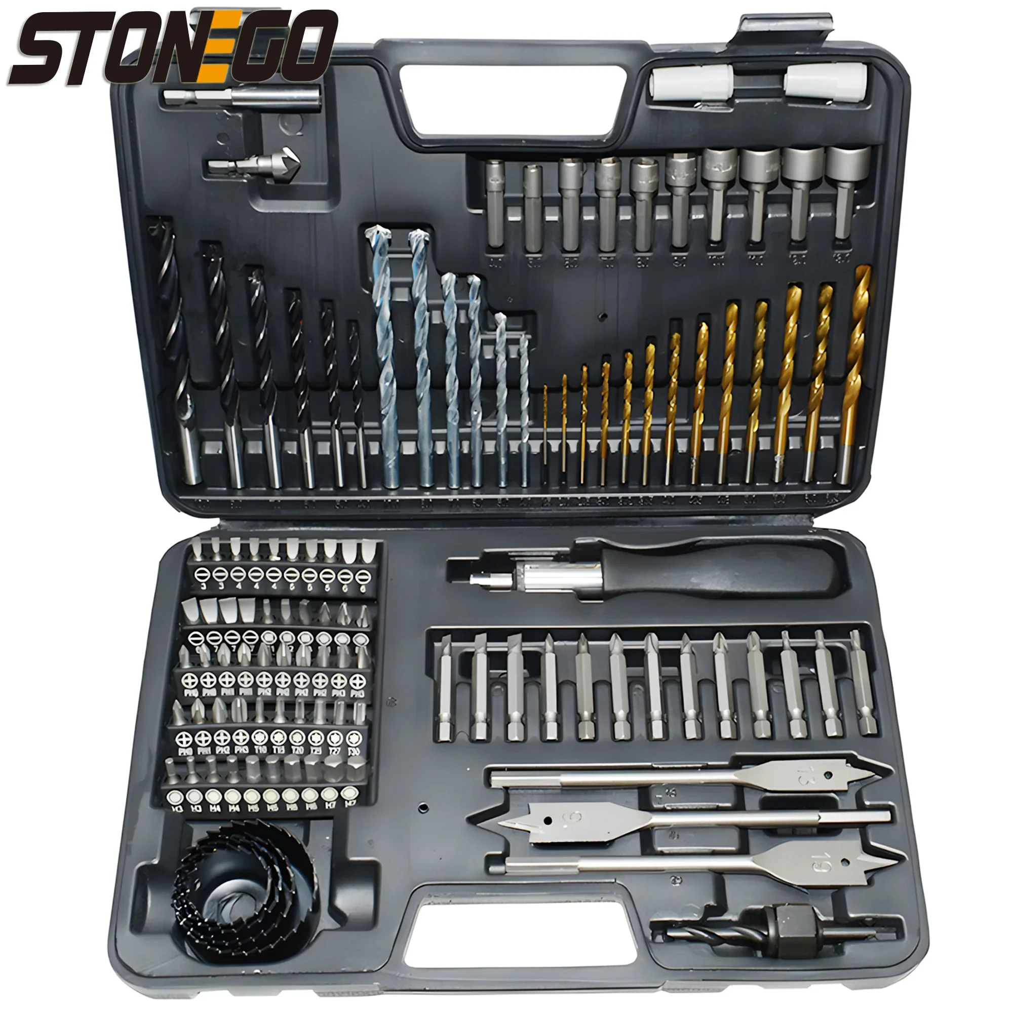 

STONEGO 111pcs Woodworking Tool Set - Multifunctional Twist Drills, Screwdriver, Flat Drill, Hole Opener Kit for DIY Projects