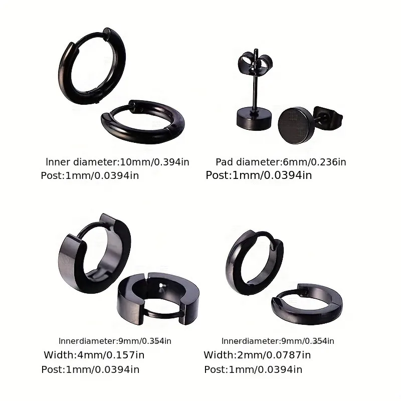 Stylish Men\'s 4-Pair Earring Set - Black Stainless Steel Studs & Hoops, Durable, Versatile & Allergy-Free