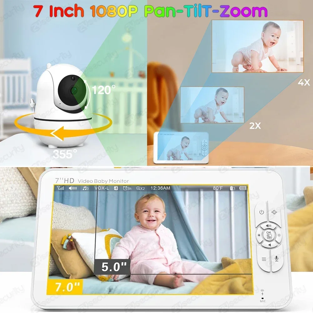 7 Inch Baby Monitor with Camera 1080P Pan-Tilt-Zoom Nanny Babyphone 2-way Audio Night Vision No WiFi 4000mAh Battery Babysitter