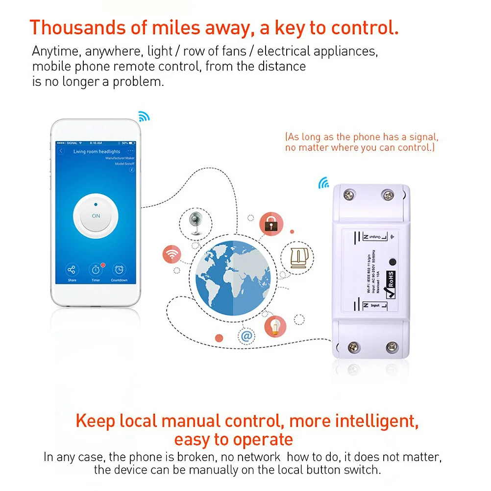 

1 шт., умный переключатель Wi-Fi, белый пульт дистанционного управления, функция задержки времени, универсальная беспроводная розетка для светодиодного освещения потолочного светильника