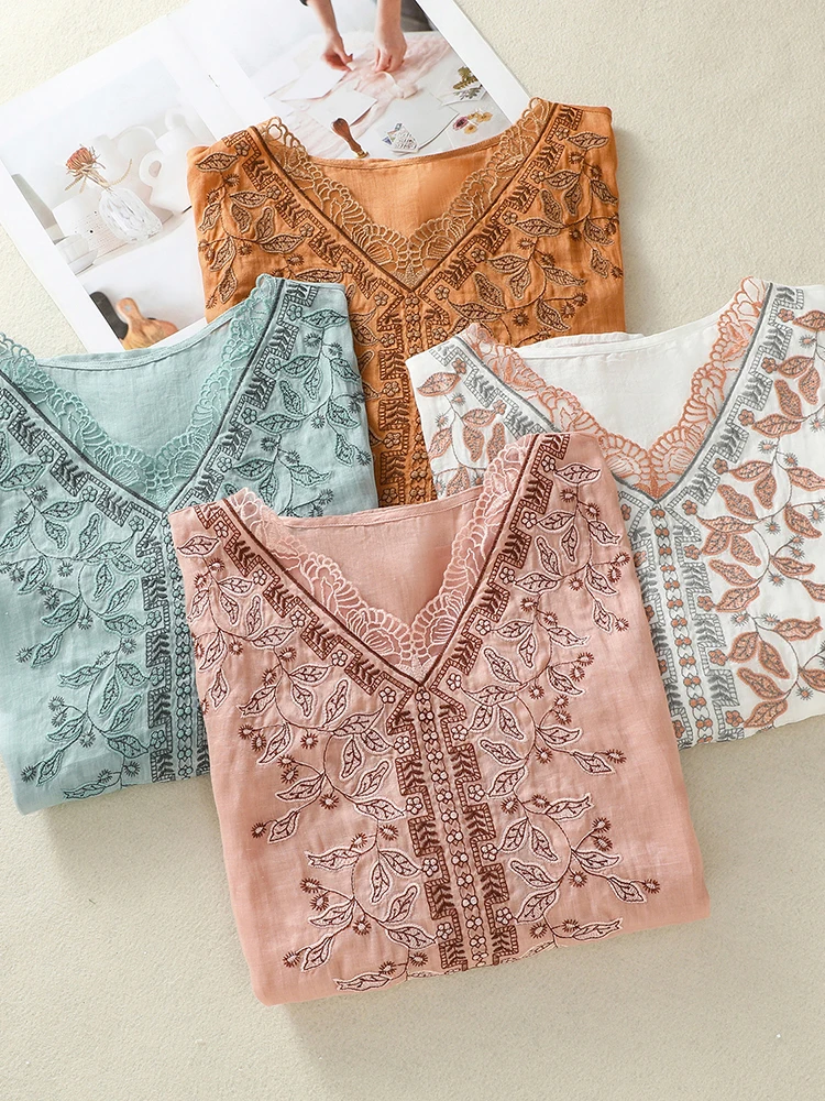 

Retro Artistic Embroidered Cotton Linen T-irt Large Size Women's Lace Patchwork V-ne Lightweight Faionable f Sve Top