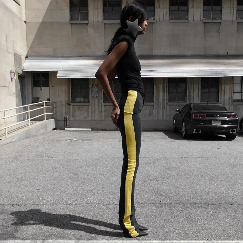 Women Fashion Contrast Color Skinny Flare Pants Elastic High Waist Slim Boot Cut Trousers Casual Streetwear All Match Bottoms