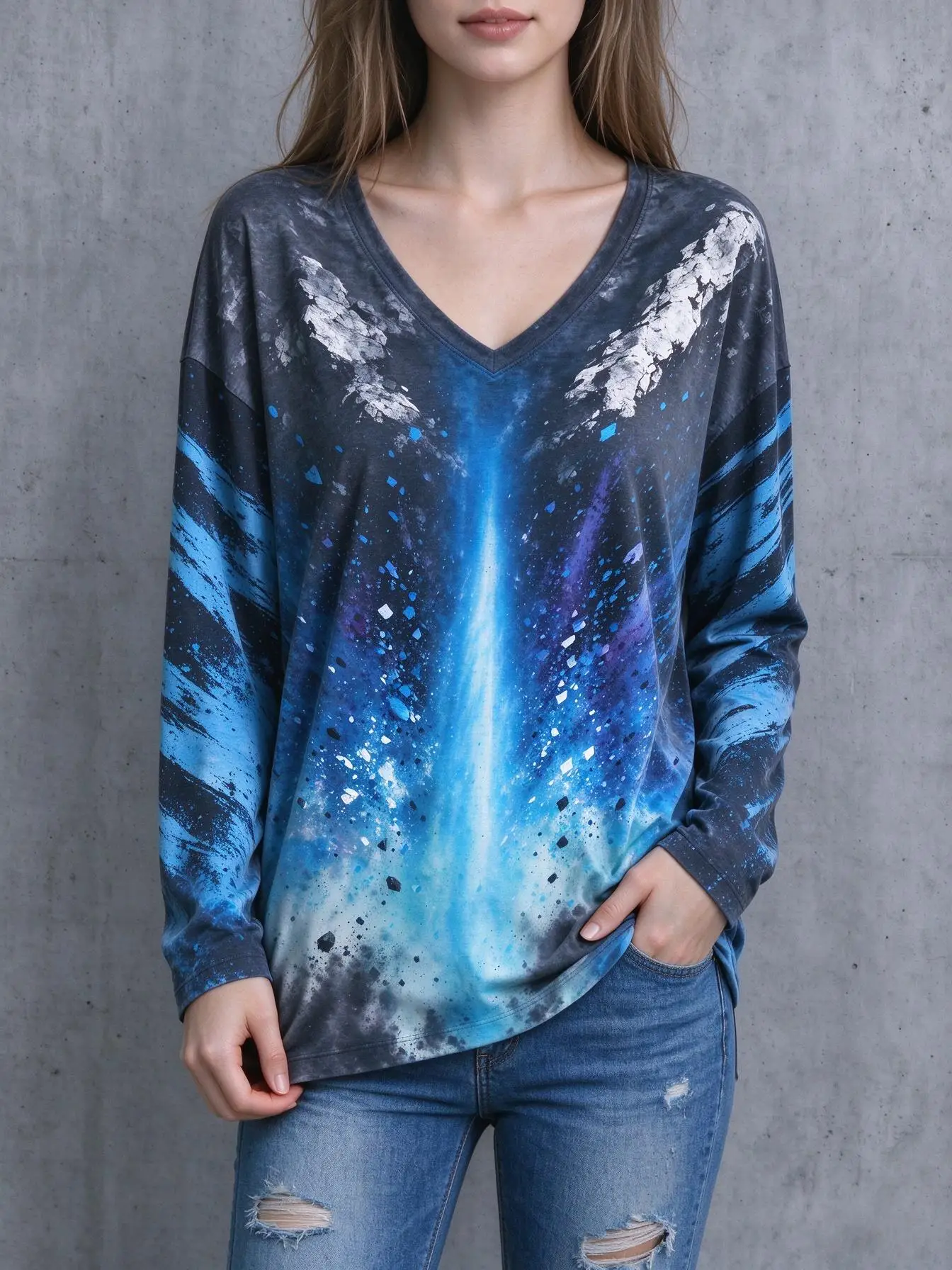 Women V Neck Long Sleeve T-shirt Pink Purple Galaxy Nebula Splash Ink Print Casual Tee Tops