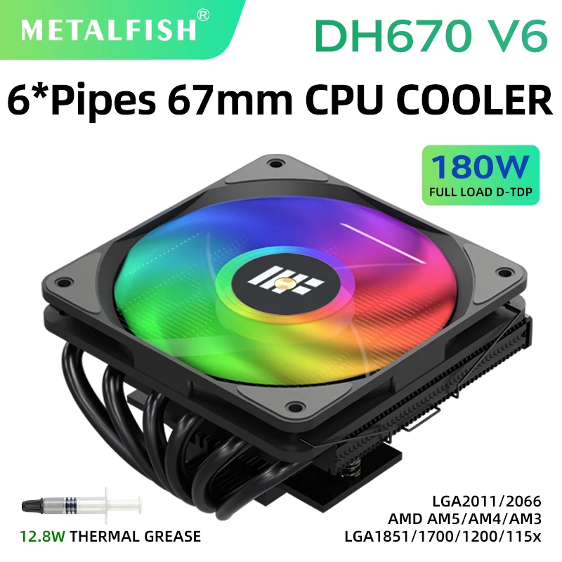 METALFISH DH670 Low Profile CPU Cooler 6 Heatpipes 67mm Height ITX CPU Radiator 120mm PWM Fan For LGA 1700 1200 2011 AM4 AM5 view 2