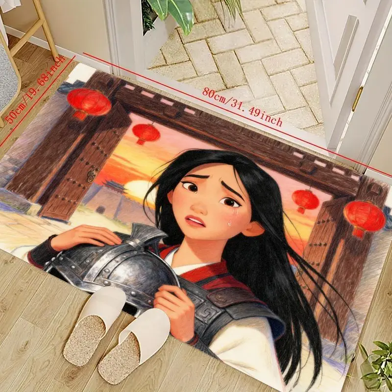 

1 шт., напольный коврик Disney Mulan Warrior Princess с персонажем мультфильма аниме, нескользящий мягкий плюшевый декоративный коврик, моющийся домашний коврик