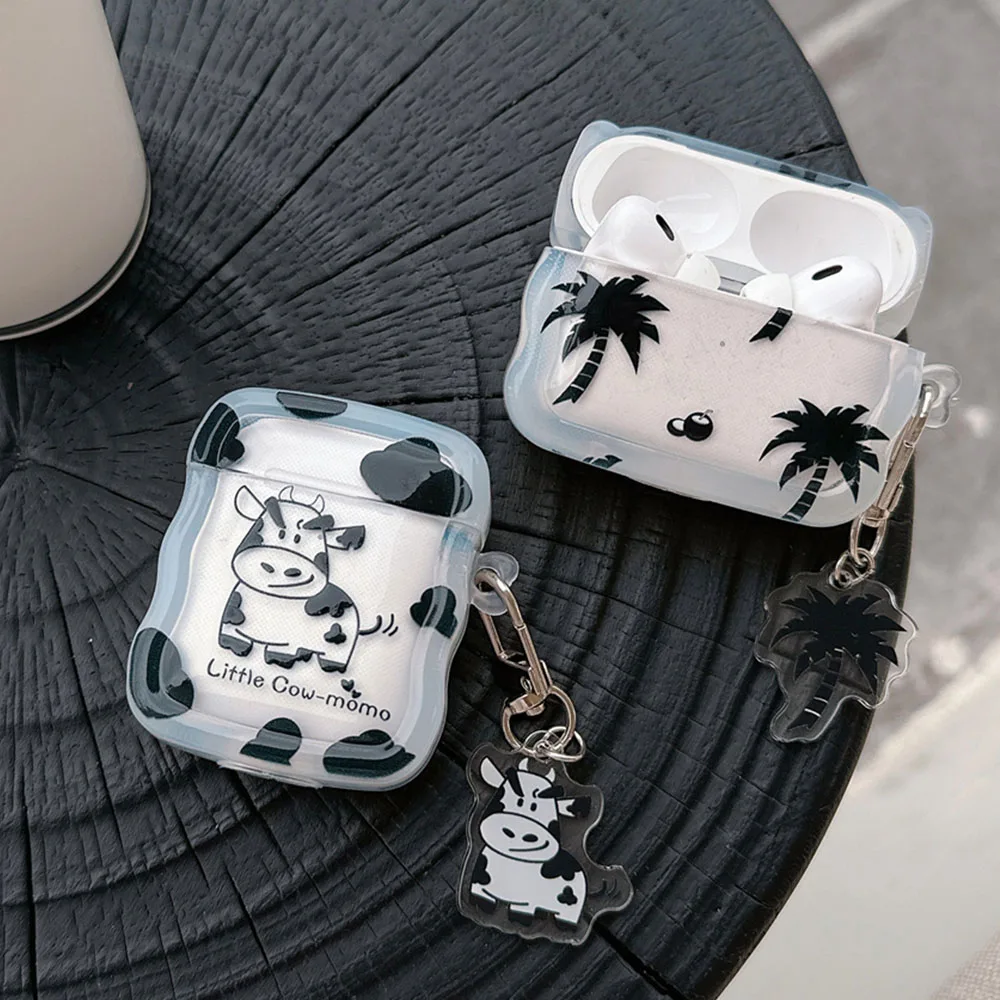 สีดํามะพร้าวต้นไม้รูปแบบวัวสําหรับ Apple Airpods 3 Pro 2 1 หูฟังบลูทูธฝาครอบอุปกรณ์ป้องกันพร้อมพวงกุญแจ