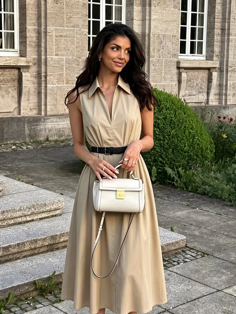 TFMLN Summer Women Shirt Dress French Style Vintage Sleeveless Slim Fit Midi Dress with Belt Elegant Retro Fashion Lady Clothes