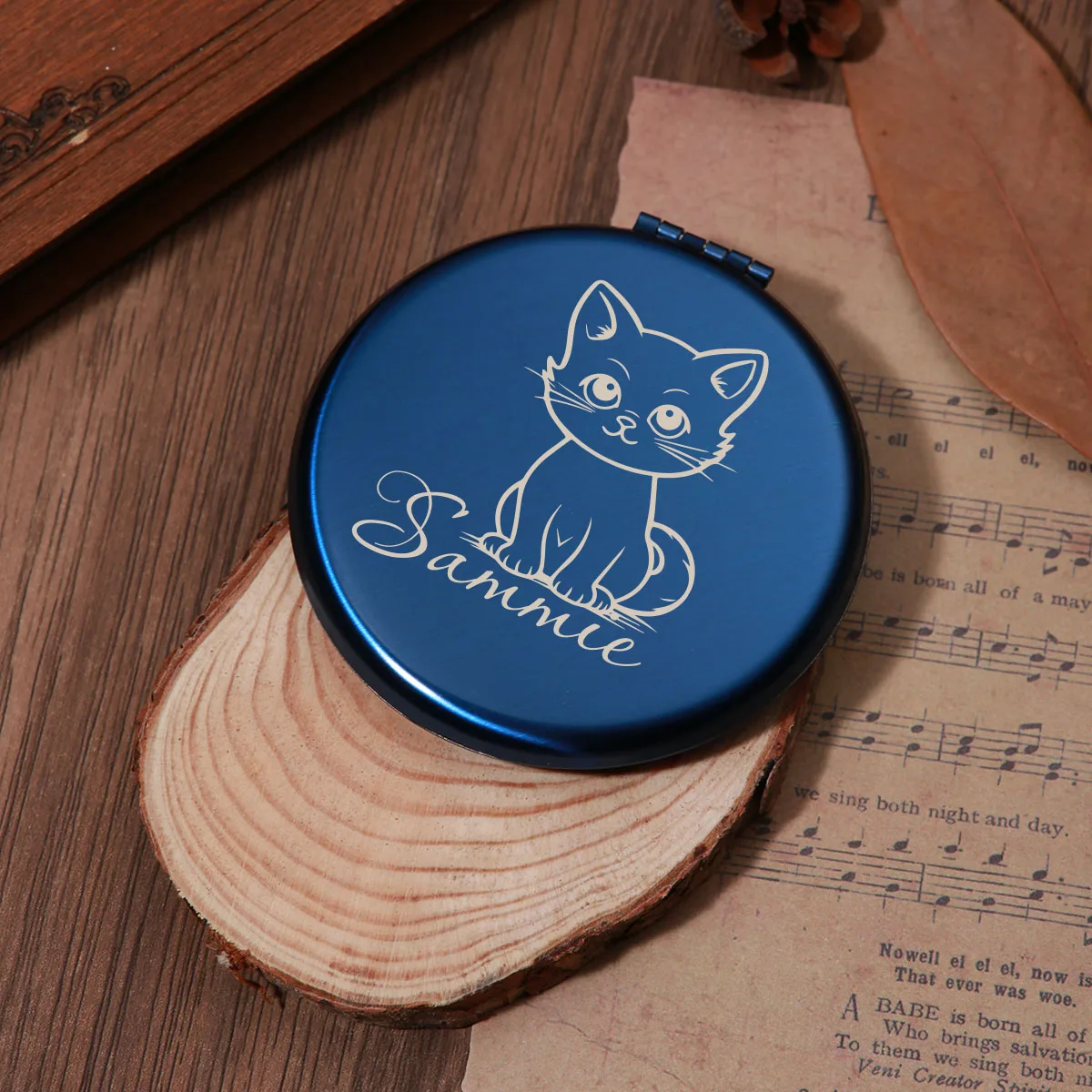 

1 pc kitten cute New style Engraving Customized Name Pocket Mirror blue Gift for Her