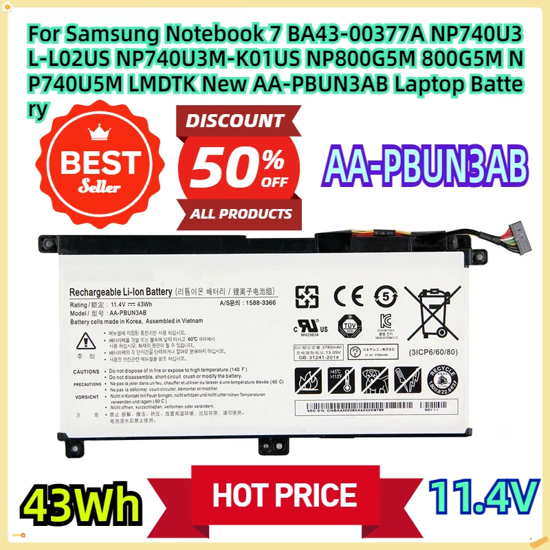 For Samsung Notebook 7 BA43-00377A NP740U3L-L02US NP740U3M-K01US NP800G5M 800G5M NP740U5M LMDTK New AA-PBUN3AB Laptop Battery